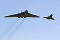 Old meets new  Fifty years seperate No. 11 Squadron Typhoon FGR.4, ZJ939/DXI  and Vulcan B.2 XH558 seen flying into Leuchars on Friday.