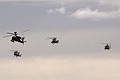 A mixed formation of British Army Apache and Lynx, Royal Navy Lynx pair and RAF Griffin arrive after holding off during practice displays and other arrivals.