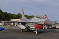 Litening designator pod equipped F-16AM, J-135, from 322 Squadron Royal Netherlands Air Force in the static line.