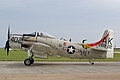 Douglas AD-4N Skyraider, G-RADR, marked as A-1H Skyraider 26922/AK 402 of VA-176 on the USS Intrepid as it taxies after arriving on Friday.