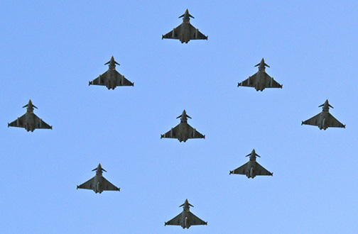 Diamond Nine formation of 6 Squadron Eurofighter Typhoon FGR.4 pass overhead to close Leuchars Airshow 2012