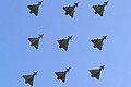 Diamond Nine Flypast by 6 Squadron Eurofighter Typhoon FGR.4 shows several variations in droptank, pylon and RAIDS Pod fit