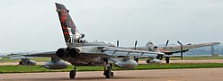 Dambusters taxying 617 Squadron Tornado GR.4 ZA412 follows the BBMF Lancaster towards the runway