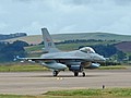 Royal Norwegian Air Force F-16AM 672, seen on arrival, carries a Sniper Laser Designator Pod on an intake mounted pylon