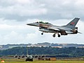 With an exceptionally large area of staining around the cannon muzzle Royal Norwegian Air Force F-16BM 304 is seen on arrival