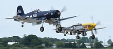 FG-1D Corsair 'Godspeed' and P-51D Mustang 'Never Miss' take off