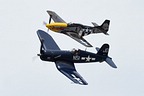 FG-1D Corsair 'Godspeed' and P-51D Mustang 'Never Miss' formation fly-by