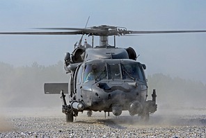 A view from the stony dry bed of the river before boarding the Pave Hawk