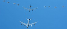 U.S. and Italian Air Forces aircraft consisting of F-35 Lightning IIs, F-16 Fighting Falcons, a B-52 Stratofortress and a KC-135 Stratotanker, fly in formation over the Adriatic Sea during Astral Knight 19, June 4, 2019. <br>(U.S. Air Force photo by Staff Sgt. Joshua R. M. Dewberry)