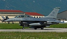 F-16DM 90-0800 of the 555th Fighter Squadron "Triple Nickel" is taxiing toward the "Nickel loop". 