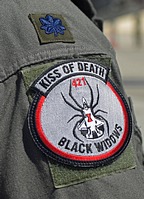 The 421st Fighter Squadron "Black Widows" patch on the right shoulder of the F-35A pilot. 