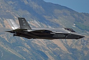 F-35A 15-5173, sporting the "Rams" emblem at the top of the tail, performs a low fly-past. 