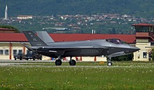 F-35A 17-5239, sporting the "Black Widows" emblem at the top of the tail, just landed on runway 05. 