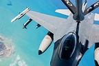 A U.S. Air Force KC-135 Stratotanker assigned to the 100th Air Refueling Wing refuels a U.S. Air Force F-16C Fighting Falcon during exercise Astral Knight 21 over the Adriatic Sea, May 18, 2021. <br>(U.S. Air Force photo by Staff Sgt. Izabella Workman)
