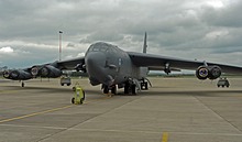 Front view of the B-52H Stratofortress. The H model was the final production version of the B-52.  Boeing built 744 B-52s in total and delivered the last B-52H in October 1962.