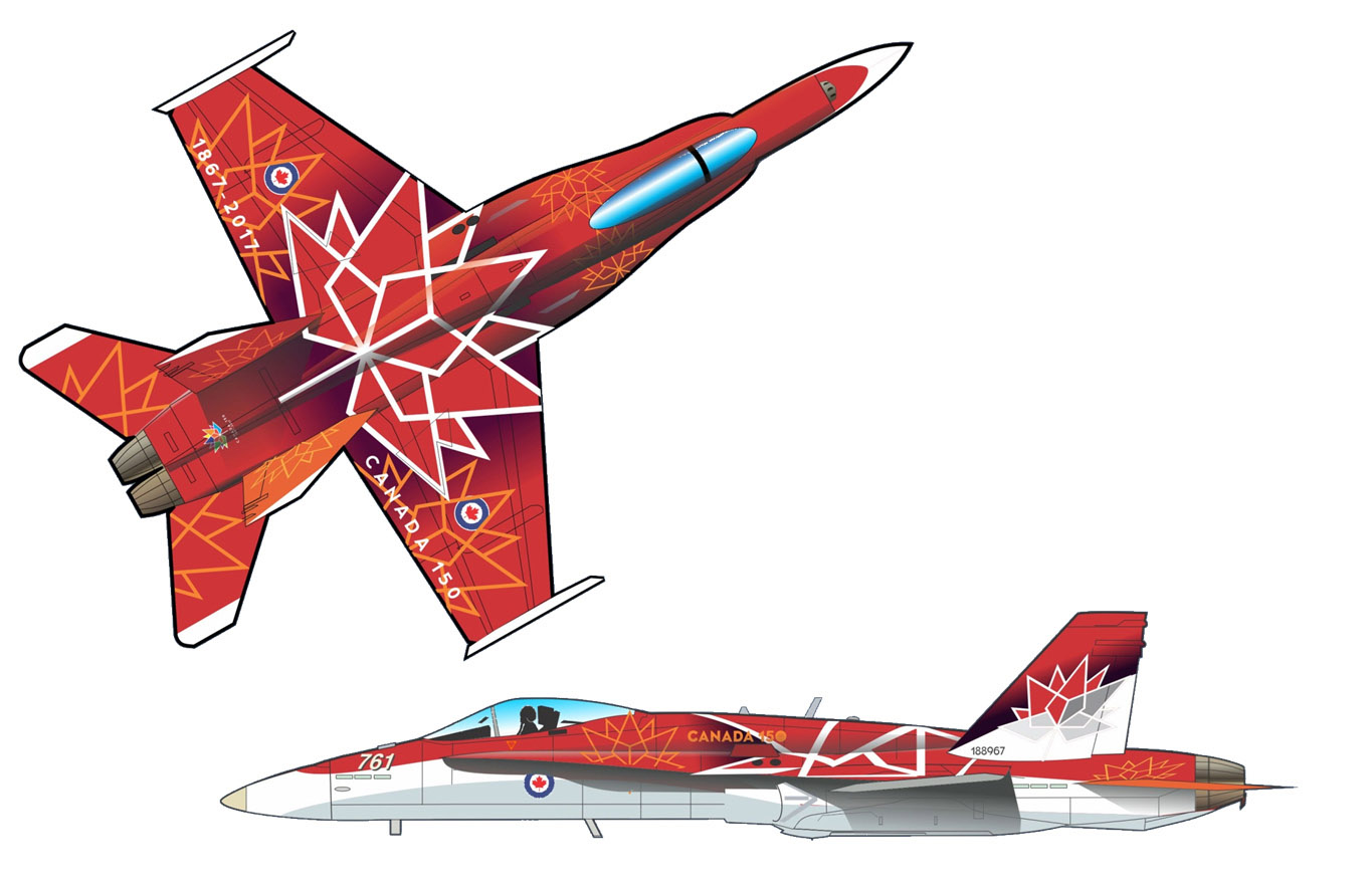 Artist’s concept of the design of the 2017 CF-18 Demonstration Hornet, which pays tribute to Canada’s 150th anniversary. IMAGE: RCAF