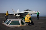 View of the catapult control pod, catapult crew, VFA-103 F/A-18F Super Hornet