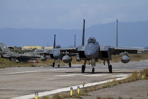 HAF F-16C Block 52+ holding, as the RSAF F-15C and F-15D continue towards the runway