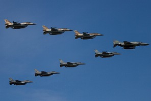 HAF F-4E-AUP Phantom II leading the F-16 formation