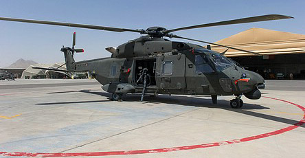 NH90 on the Task Force Fenice platform at FSB Herat, note the A129CBT Mangusta in the background