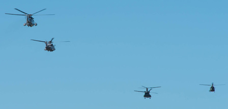 RCAF Colours Ceremony Flypast Helicopters on their way to Nathan Philips Square, before being joined by another CH-146