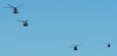 RCAF Colours Ceremony Flypast Helicopters on their way to Nathan Philips Square, before being joined by another CH-146
